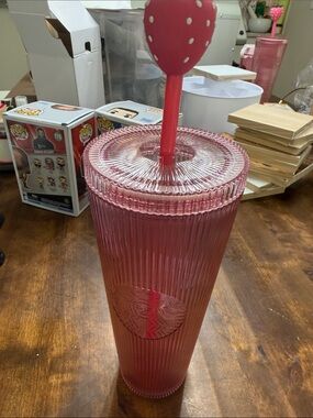New 2026 Starbucks Pink Ribbed Tumbler with Strawberry Top Straw